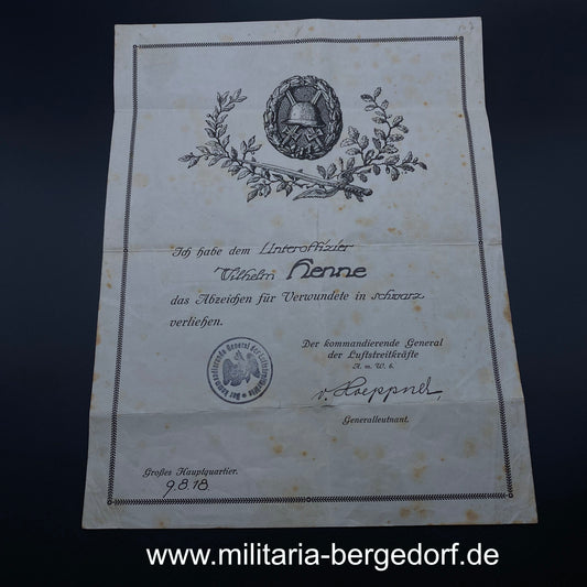 Verwundetenabzeichen 1914 mit Urkunde